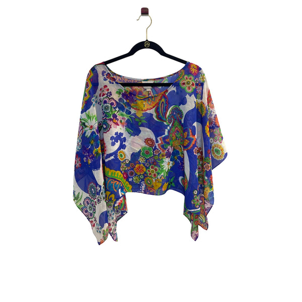 ECI New York Womens Multicolor Boho Floral Print Sheer Asymmetrical Poncho Top M