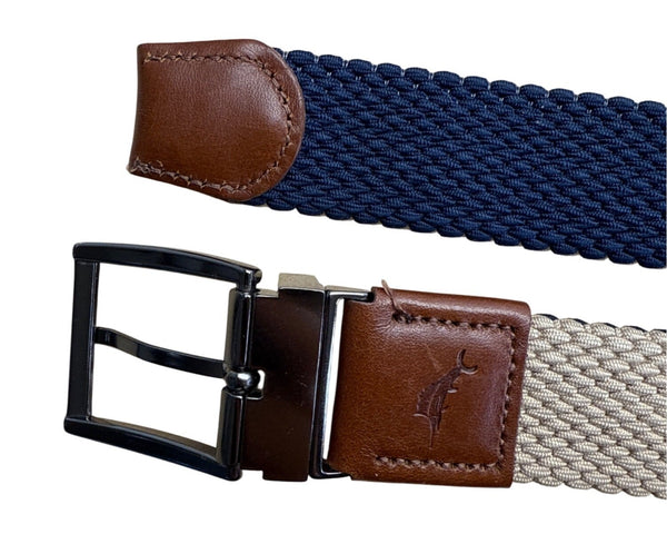 Tommy Bahama Reversible Navy & Tan Woven Belt With Leather Trim SM/MD (32-36)