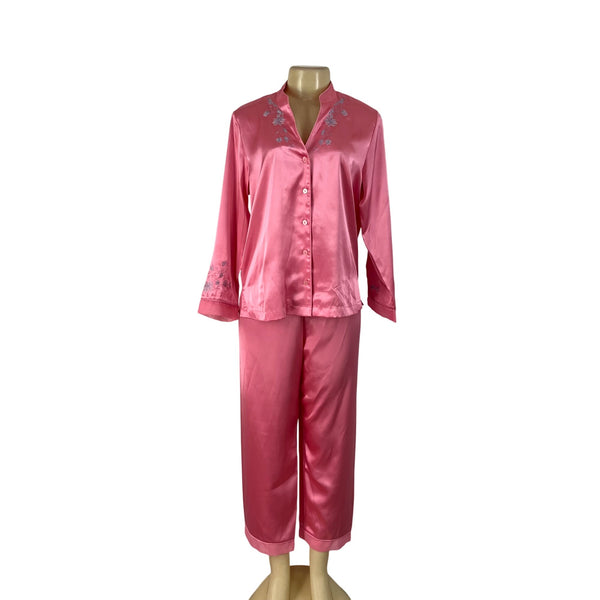 Morgan Taylor Luxurious Pink Satin Floral Embroidered Pajama Set Sz L - New