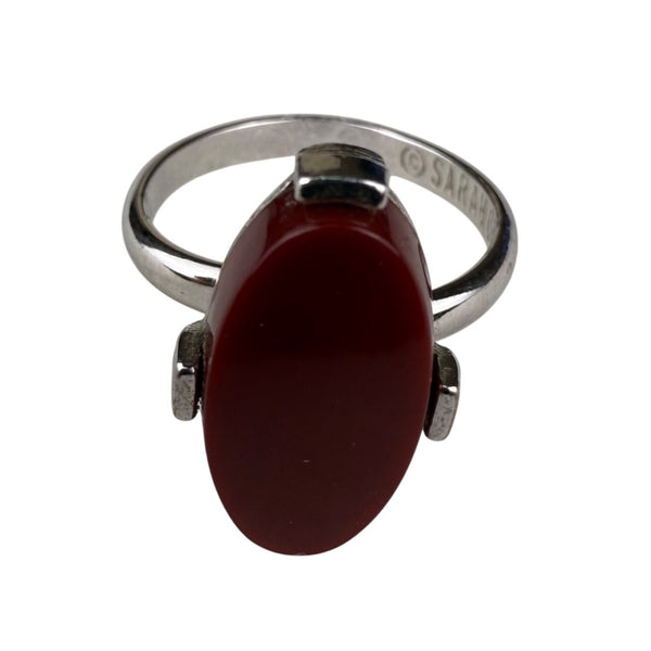Sarah Coventry Red Oval Stone Silver Tone Ring Mid-Century Jewelry Size 5