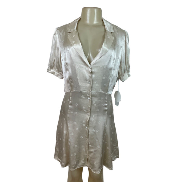 Sarah.J Womens Floral Button-Down Shirt Dress With Puff Sleeves Beige Sz L - New