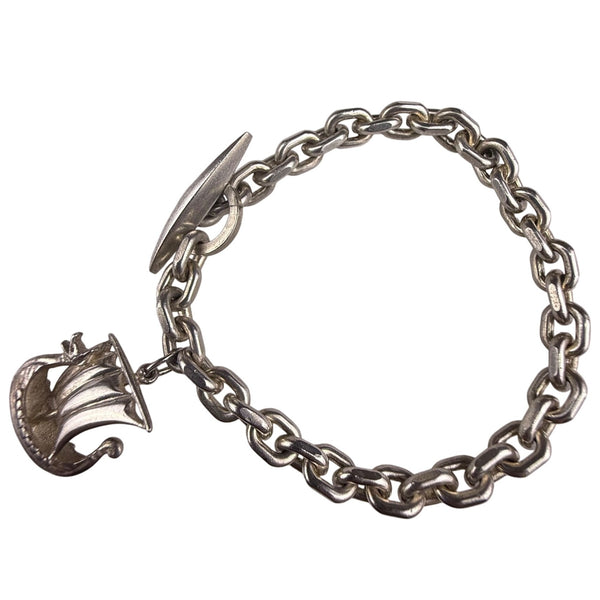 Sterling Silver Viking Ship Charm Bracelet Vintage 7 Inch Elegant Chain Toggle Clasp