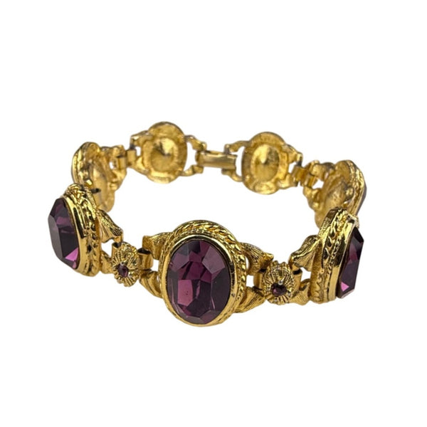 Gold Tone Purple Amethyst-Inspired Vintage Bracelet Ornate Detailed Clasp