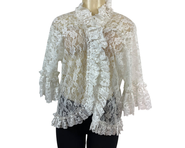 Vintage Dolores Lace Ruffle Sheer Cardigan Top White Floral Design Size M