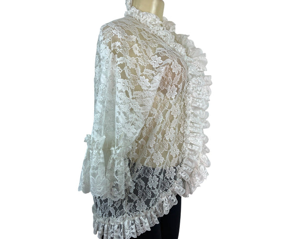 Vintage Dolores Lace Ruffle Sheer Cardigan Top White Floral Design Size M
