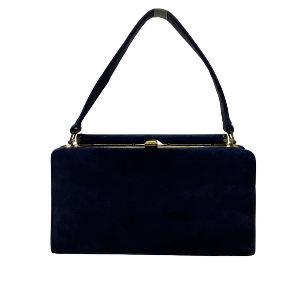 Vintage Navy Blue Suede Gold-Tone Frame Snap Closure Evening Clutch Size M