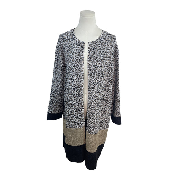 Chicos Travelers Collection Long Open-Front Leopard Print Cardigan Size 2 - New