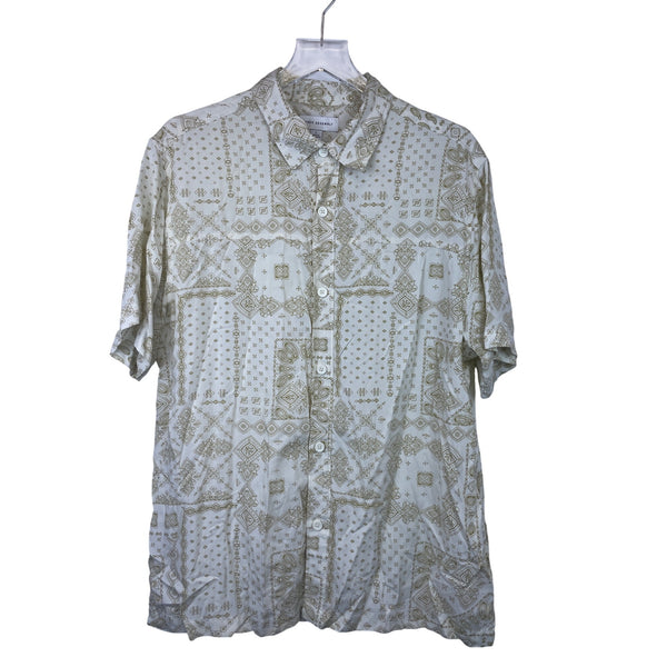Free Assembly Mens Beige Button-Up Collared Short Sleeve Geometric Print Shirt Size L