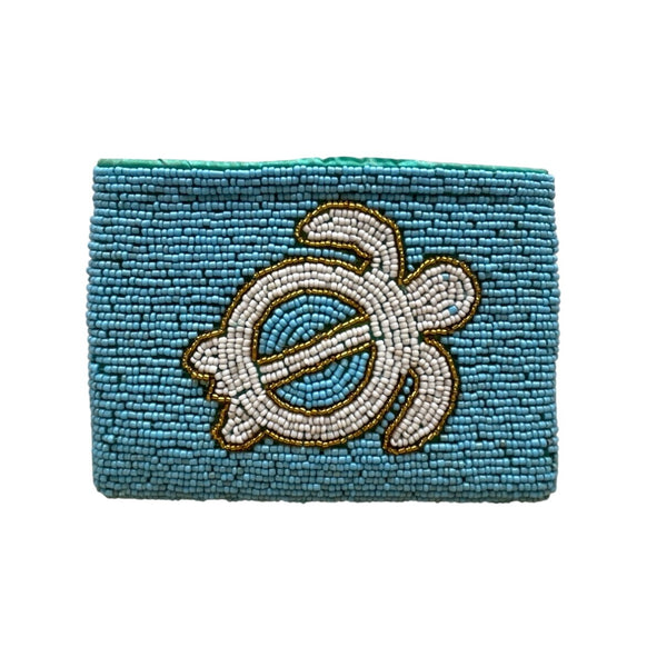 Handmade Beaded Turtle Coin Purse Blue & White Zipper Closure Coin Pouch Sz S