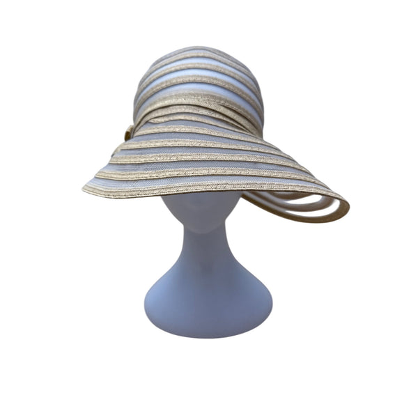 Cruise Club Striped Beige White Womens Sun Hat Wide Brim & Wooden Bead Accent