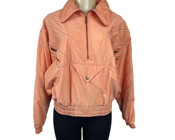 Vintage 90s Ellesse Women's Orange Windbreaker Ski Jacket w Zip & Snap Sz S