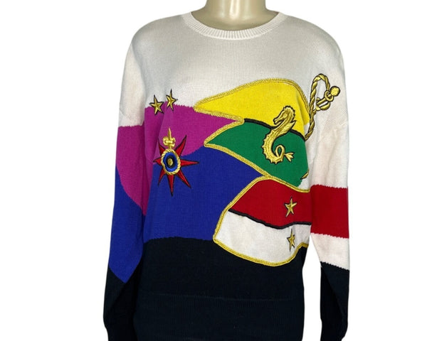 Vintage Carlisle Sport Sweater Colorful Nautical Intarsia Pattern Womens Size L