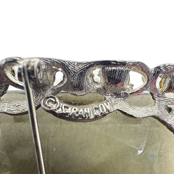 Sarah Coventry Vintage Silver Tone Smoky Rhinestone Accent Filigree Brooch