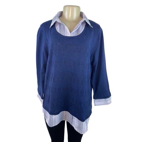 Alfred Dunner Women's Blue Long Sleeve & Layered Collared Sweater Sz L