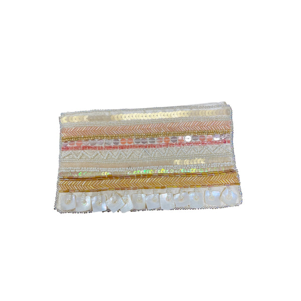 Beaded Ivory Polyester Womens Satin Decorative Clutch Made In India