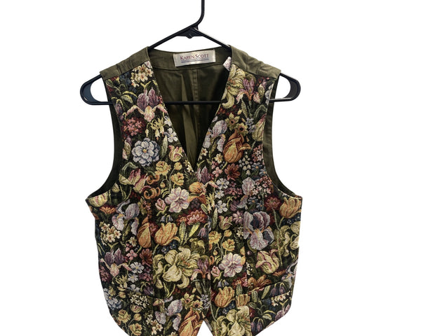Karen Scott Womens Floral Tapestry Vest Olive Floral Pattern Vintage Style Large