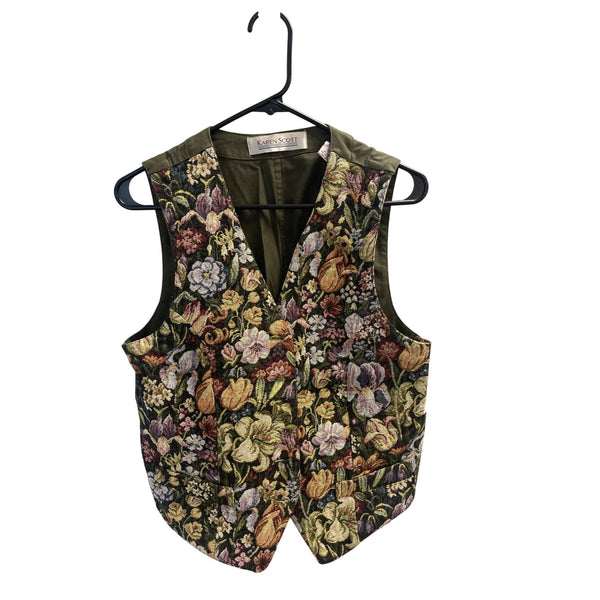 Karen Scott Womens Floral Tapestry Vest Olive Floral Pattern Vintage Style Large