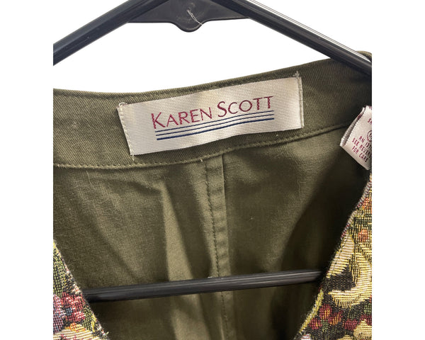 Karen Scott Womens Floral Tapestry Vest Olive Floral Pattern Vintage Style Large