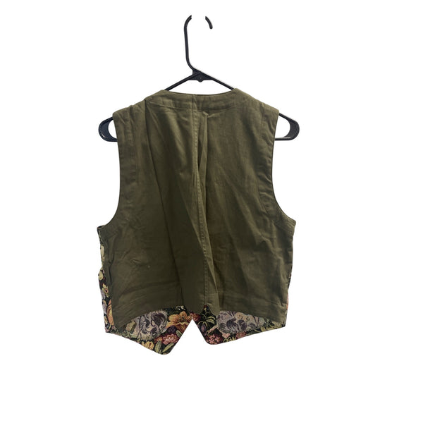 Karen Scott Womens Floral Tapestry Vest Olive Floral Pattern Vintage Style Large