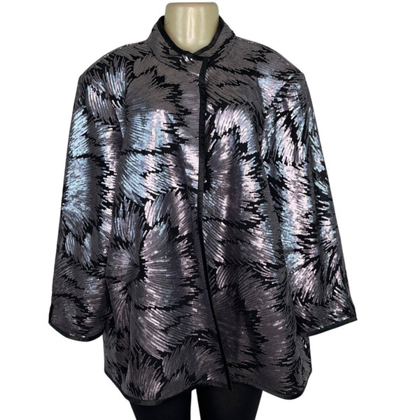 Misook Womens Metallic Abstract Jacket Black/Silver Size XL