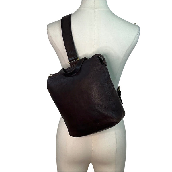 Fossil Brown Leather With Adjustable Strap & Brass Accents Backpack Sling Bag