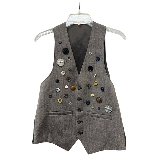 Handcrafted Mens Gray Button-Embellished Vest Twill Fabric Unique Custom Design L