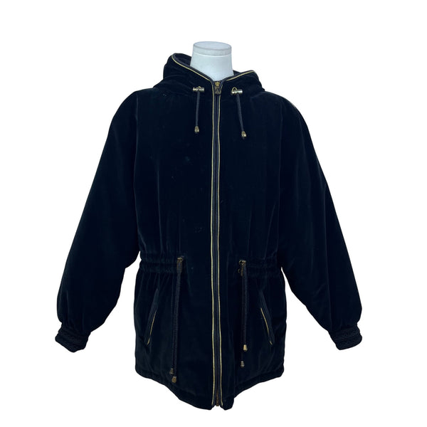 Skea Black Velvet Women’s Hooded Jacket Gold Accent Full-Zip Elastic Cuffs Sz 8