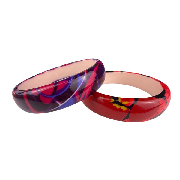 Retro Floral Print Womens Acrylic Oval Bangle Bracelets Set Of 2 Vibrant Colorway