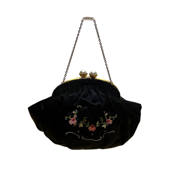 Hervé Paris Black Velvet Floral Embroidered Evening Bag With Pearl Clasp Size S
