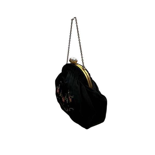 Hervé Paris Black Velvet Floral Embroidered Evening Bag With Pearl Clasp Size S