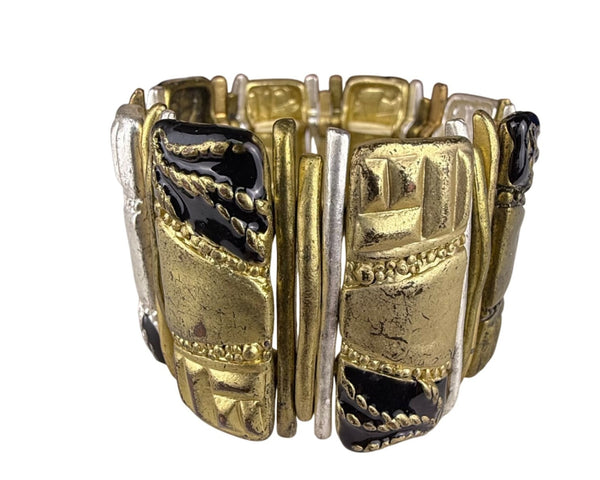 Chicos Women's Gold Tone & Black Statement Stretch Bracelet Unique Modern Design