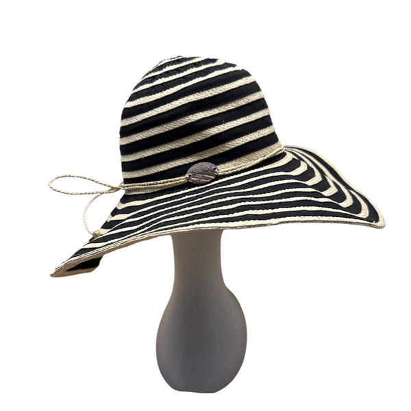 Women's Panama Jack Black & Beige Striped Wide Brim Sun Hat Coconut Shell
