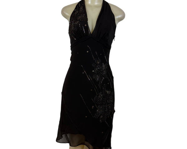 BCBGMAXAZRIA Brown Mahogany Halter Embellished Cocktail Dress Evening Wear Sz 4