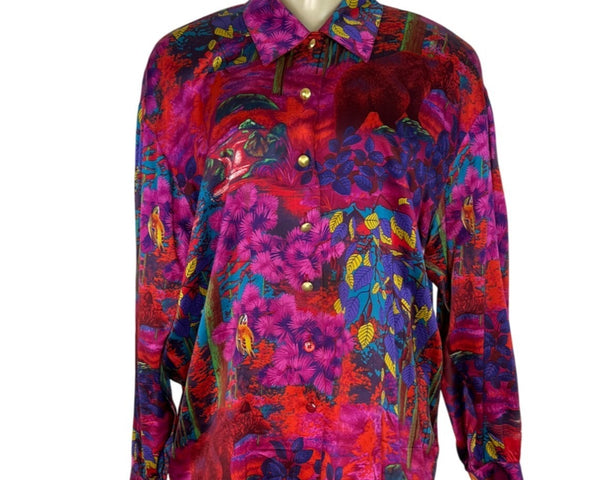 Vintage Escada By Margaretha Ley 100% Silk Multicolor Jungle Print Button-Up Blouse Womens Size 42