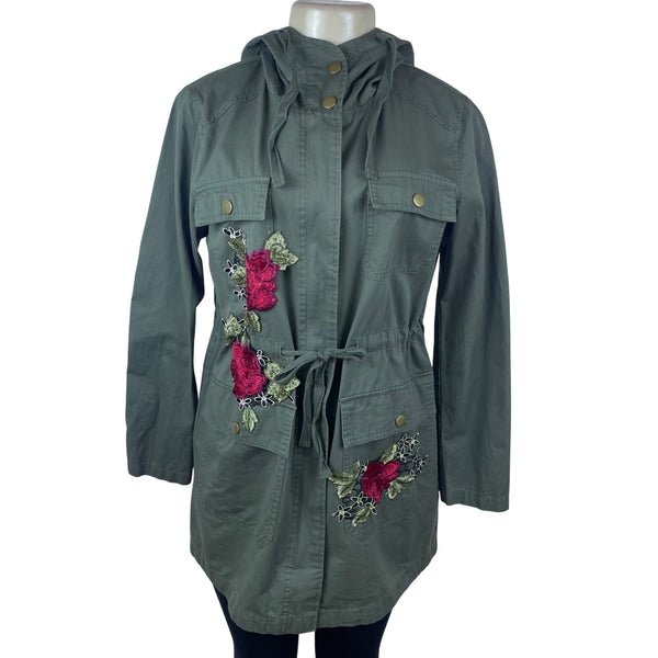Active Usa Asymmetrical Floral Embroidered Womens Green Hooded Jacket Sz S
