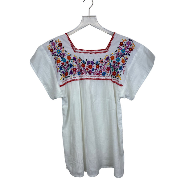 Embroidered Womens White Cotton Floral Blouse Size M/L Square Neck Mexican Style