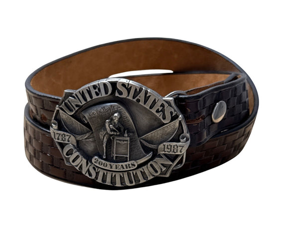 Vtg Siskiyou 1986 US Constitution Belt With Pewter Buckle 200 Yrs Brown Leather