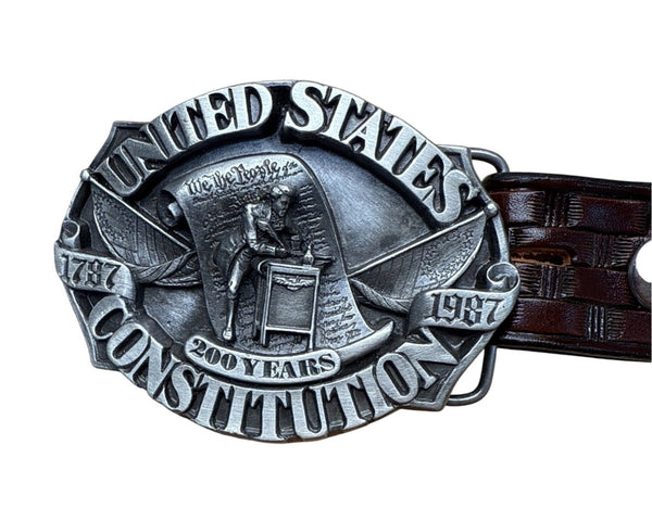 Vtg Siskiyou 1986 US Constitution Belt With Pewter Buckle 200 Yrs Brown Leather