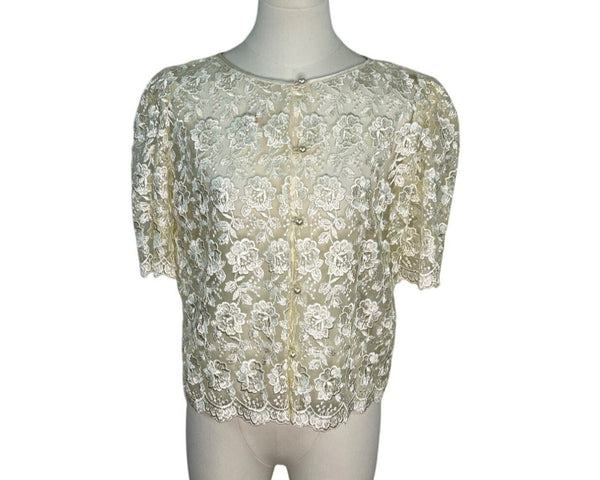 Vintage Raffaella Ivory Floral Lace Short Sleeve Blouse With Pearl Button Accents
