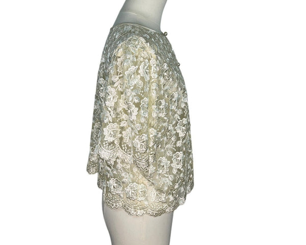 Vintage Raffaella Ivory Floral Lace Short Sleeve Blouse With Pearl Button Accents
