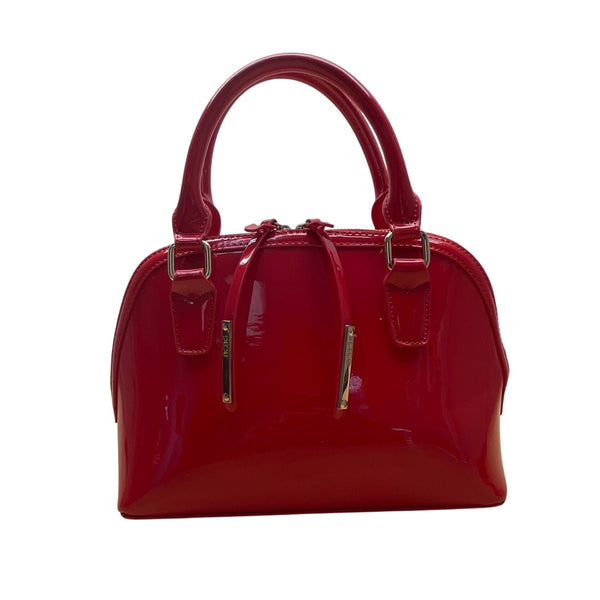 BCBG Red Patent Faux Leather Dome With Gold Hardware Handles Satchel Handbag