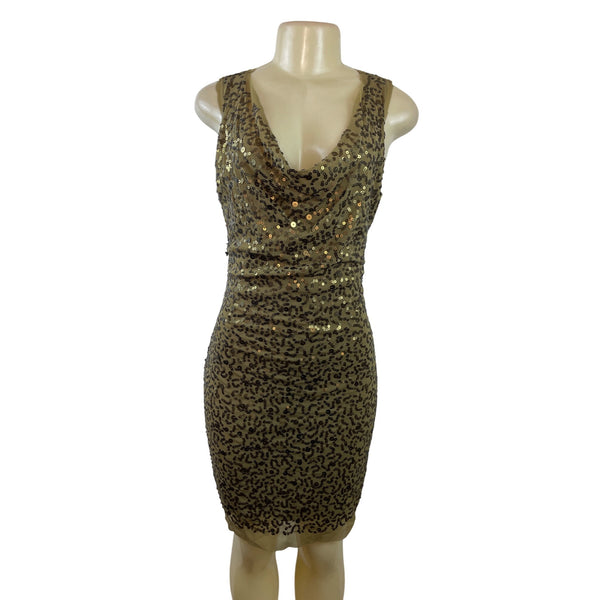 Max Studio Sequin Cocktail Dress Gold & Black Cowl Neck Sleeveless Bodycon Sz M
