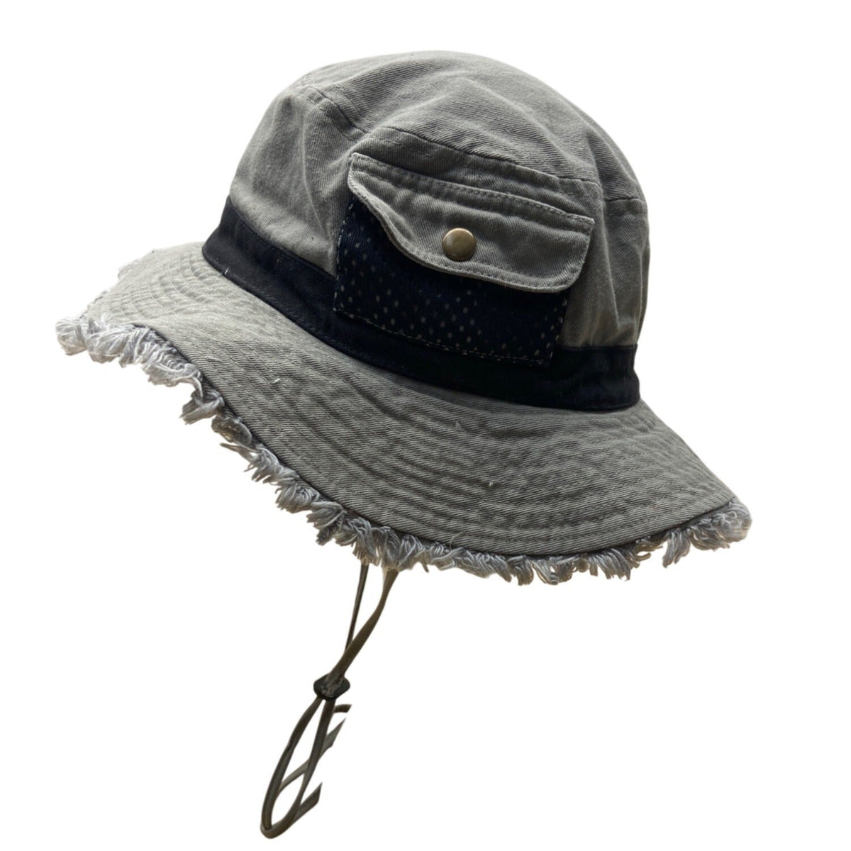 Royal Headware Frayed Edge Gray Black Bucket Hat Boonie Pocket Detail Sz 59 M