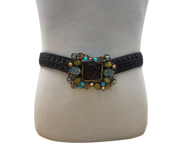 Handcrafted Brown Braided Leather Belt With Gemstone Embellished Buckle For Women