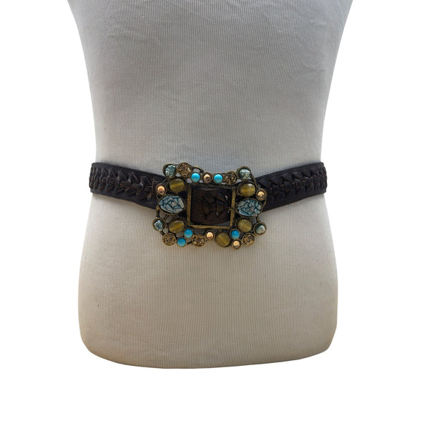 Handcrafted Brown Braided Leather Belt With Gemstone Embellished Buckle For Women