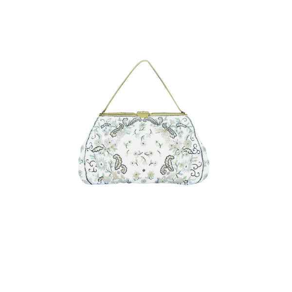 Vintage Floral Design Beads Metal Frame Snake Chain Handle Evening Clutch Sz S