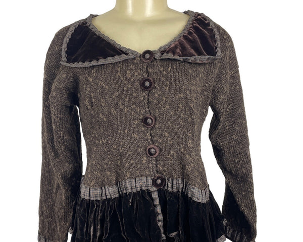 Vintage Hot Knots Button-Up Sweater Jacket With Velvet Trim & Peplum Hem