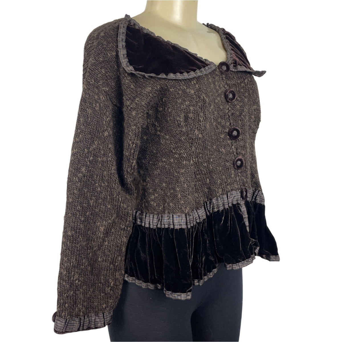 Vintage Hot Knots Button-Up Sweater Jacket With Velvet Trim & Peplum Hem