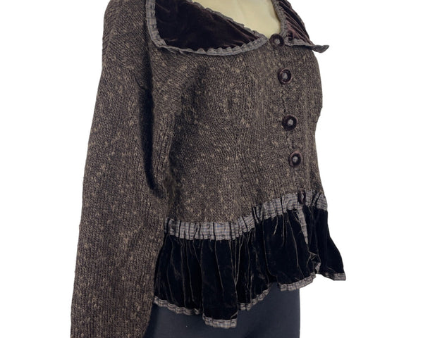 Vintage Hot Knots Button-Up Sweater Jacket With Velvet Trim & Peplum Hem