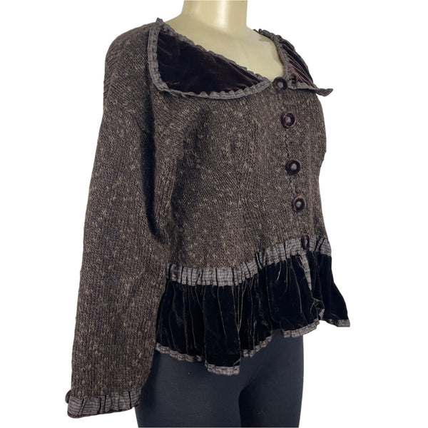 Vintage Hot Knots Button-Up Sweater Jacket With Velvet Trim & Peplum Hem